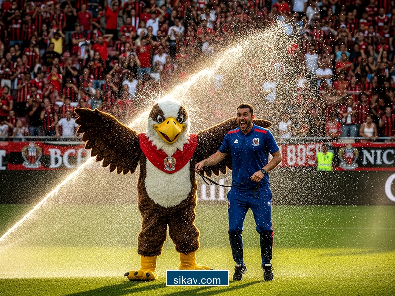 Famous OGC Nice eagle mascot and trainer blasted by sprinkler